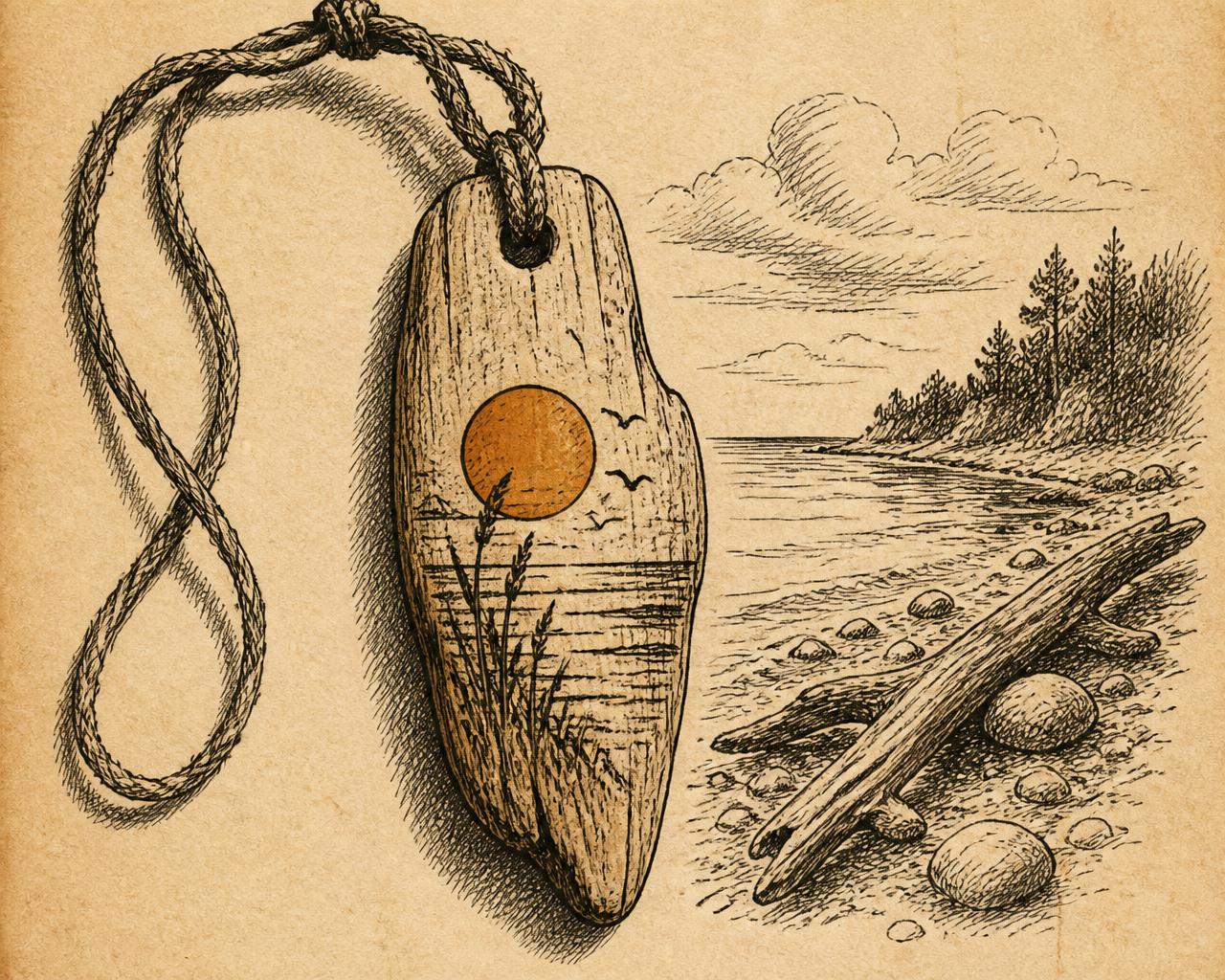 Ink drawing of a Lake Erie driftwood pendant on hemp cord beside a stony beach