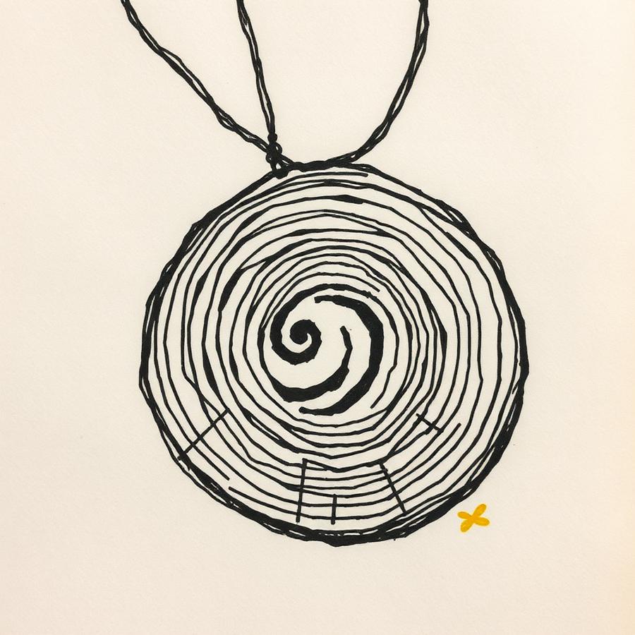 Ink drawing of a round wooden disc pendant with a rune burned into the grain