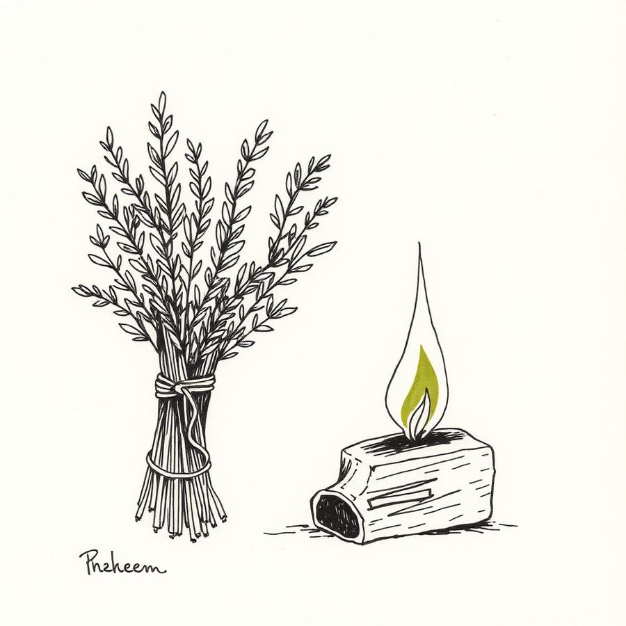 Ink drawing of a tied sage bundle beside a small wooden burning block